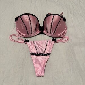 Victoria's Secret Pink and Black Satin Lace Bra & Thong Set